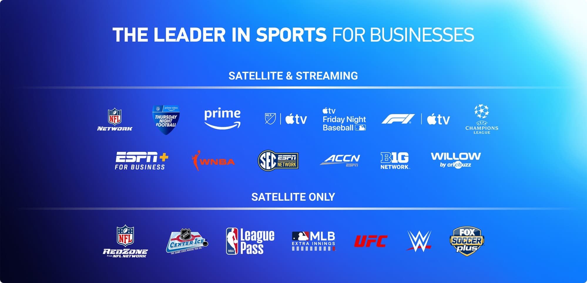 DIRECTV for Business sports content lineup — NFL Network, Thursday Night Football, Prime Video, MLS on Apple TV, Friday Night Baseball, F1, UEFA Champions League, ESPN+ for Business, WNBA, SEC Network, ACCN, B1G Network, Willow, NFL RedZone, NHL Center Ice, NBA League Pass, MLB Extra Innings, UFC, WWE, Fox Soccer Plus