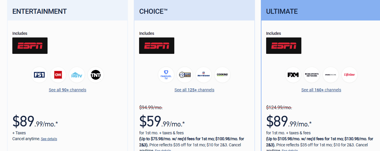 DIRECTV Commercial Entertainment, Choice, and Ultimate package pricing tiers