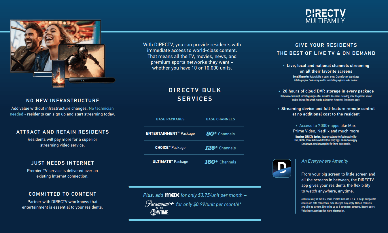 DIRECTV Multifamily bulk programming offer — Entertainment, Choice, and Ultimate packages with 90+, 125+, and 160+ channels