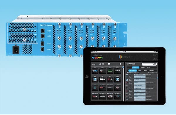 Technicolor MediaTune COM3000 multi-switcher chassis paired with the iPad MediaTune control interface