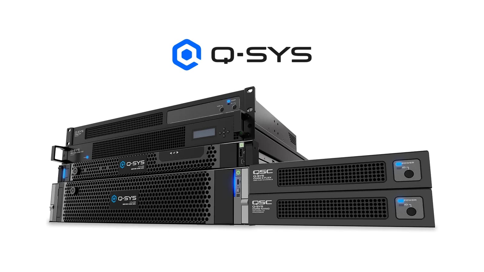 Stack of Q-SYS Core rack processors with the Q-SYS logo on a clean studio background