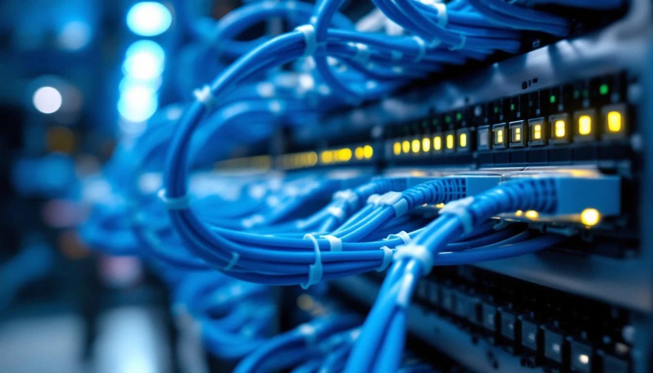 Bundled blue Cat 6 cables zip-tied into a network patch panel rack with active port LEDs