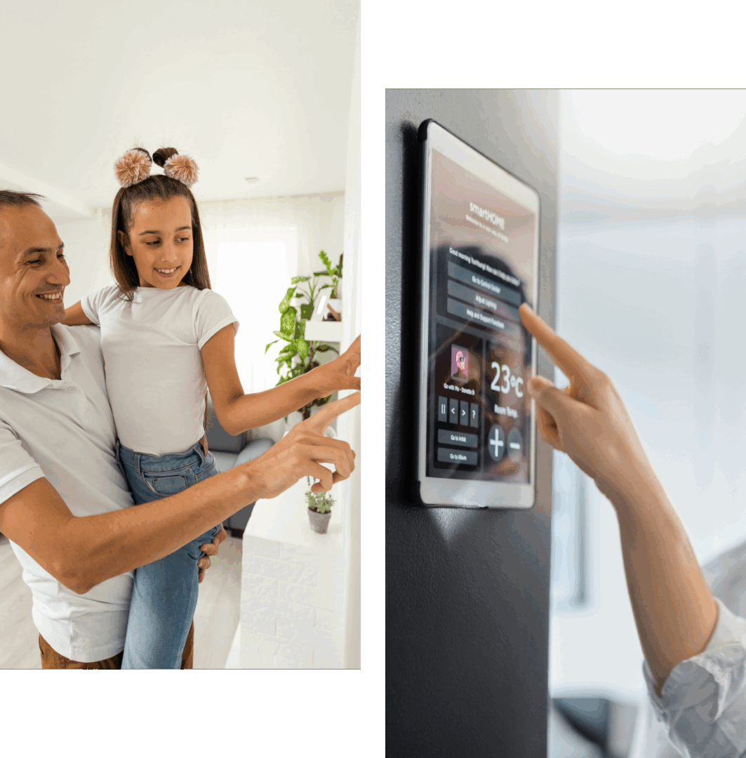 Father and daughter using a digital thermostat at home.
