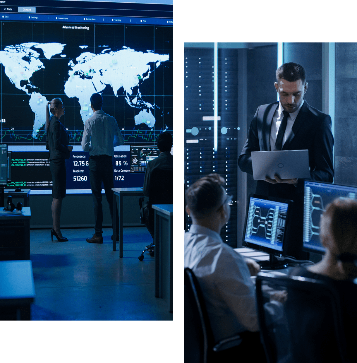 Team of professionals analyzing global data in a high-tech control room.