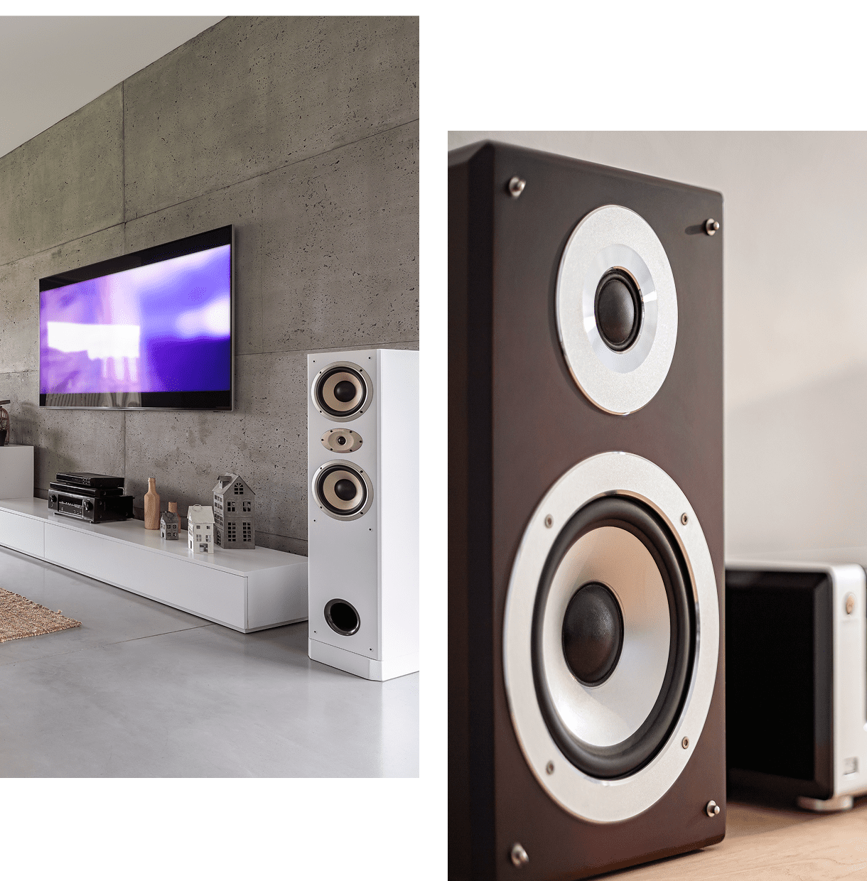 Modern living room with a wall-mounted TV and high-end speakers.