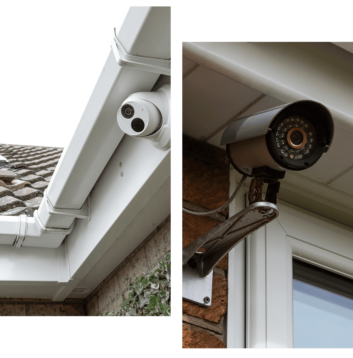 Two different security cameras mounted on residential building corners.