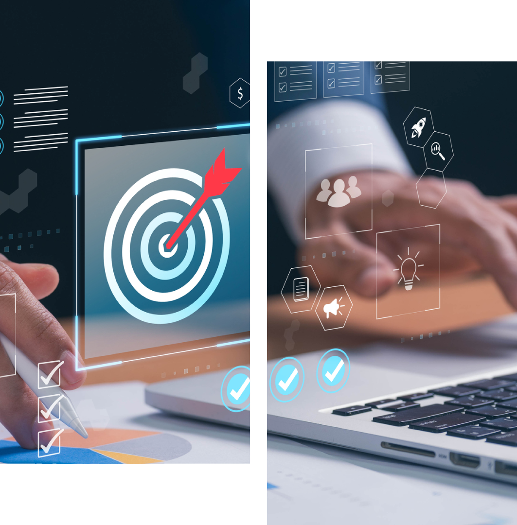 A person pointing at a digital target on a tablet with a laptop nearby.