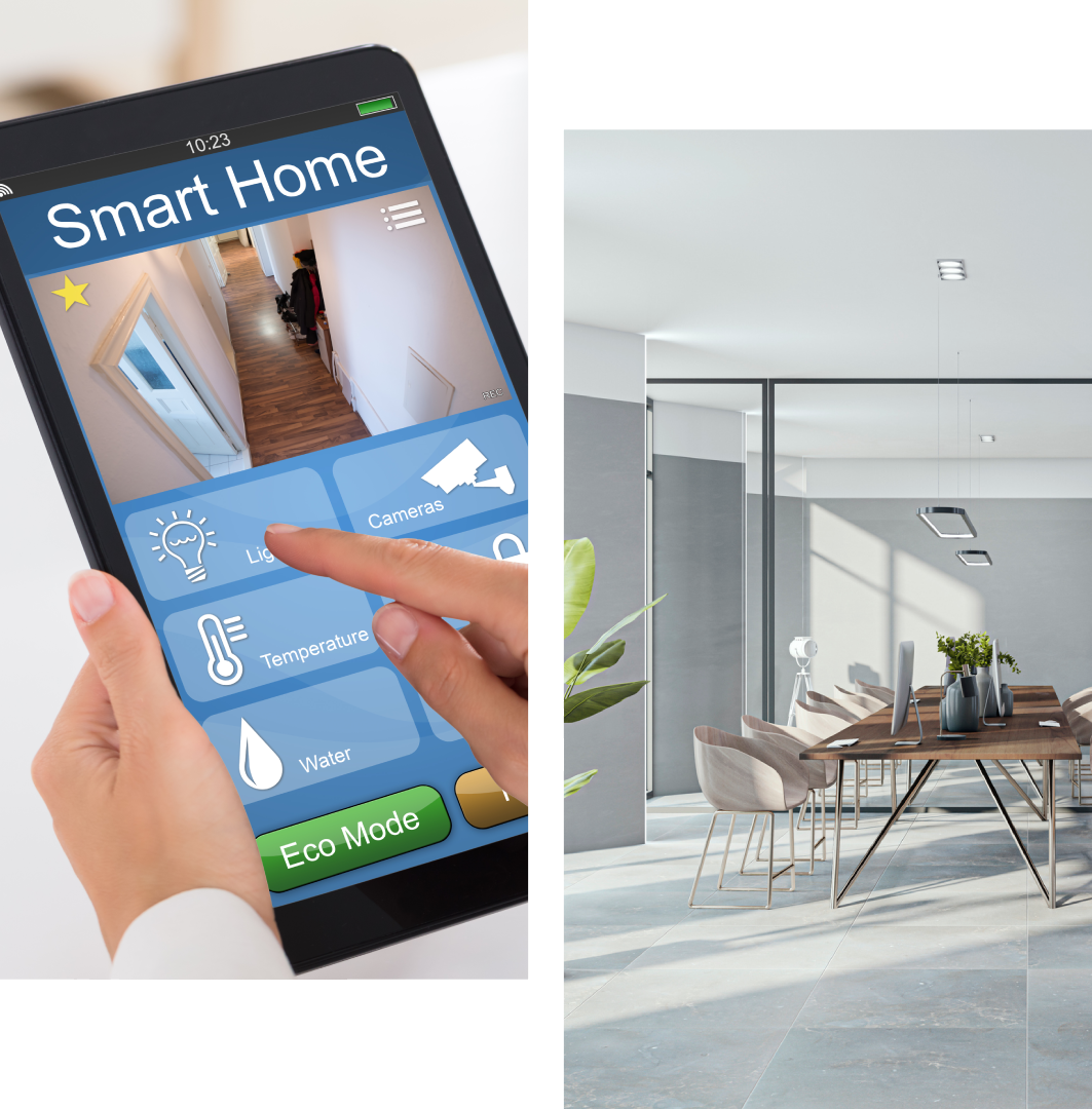 Using a smart home app to control lighting in a modern living room.