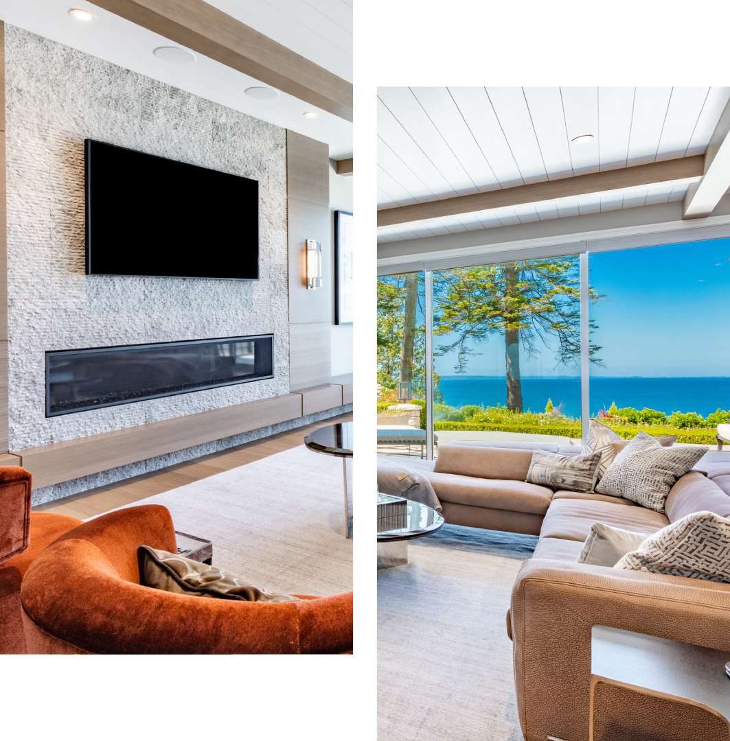 Luxurious living room with ocean view and modern decor.