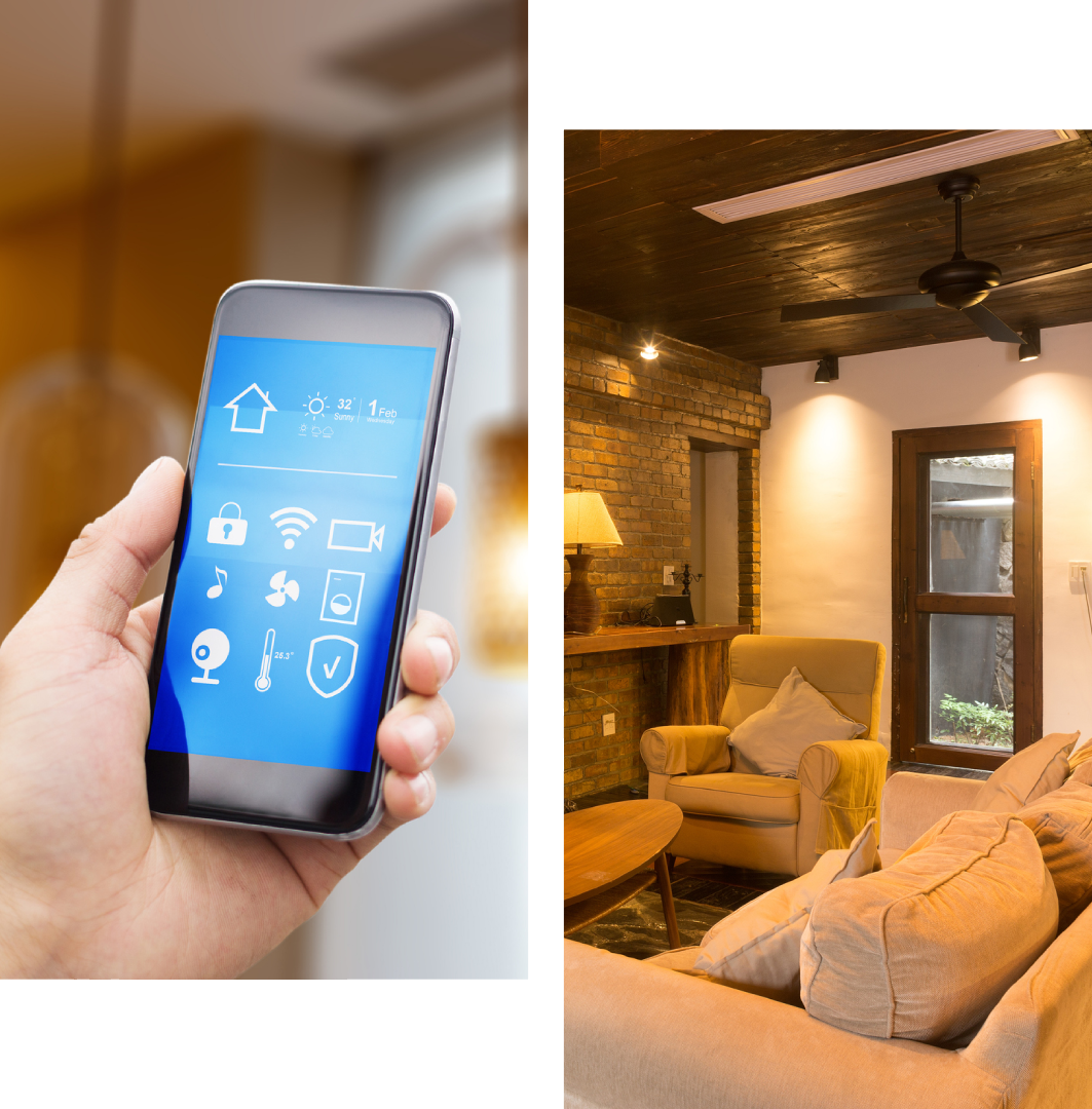 Person using a smartphone with a smart home app interface.