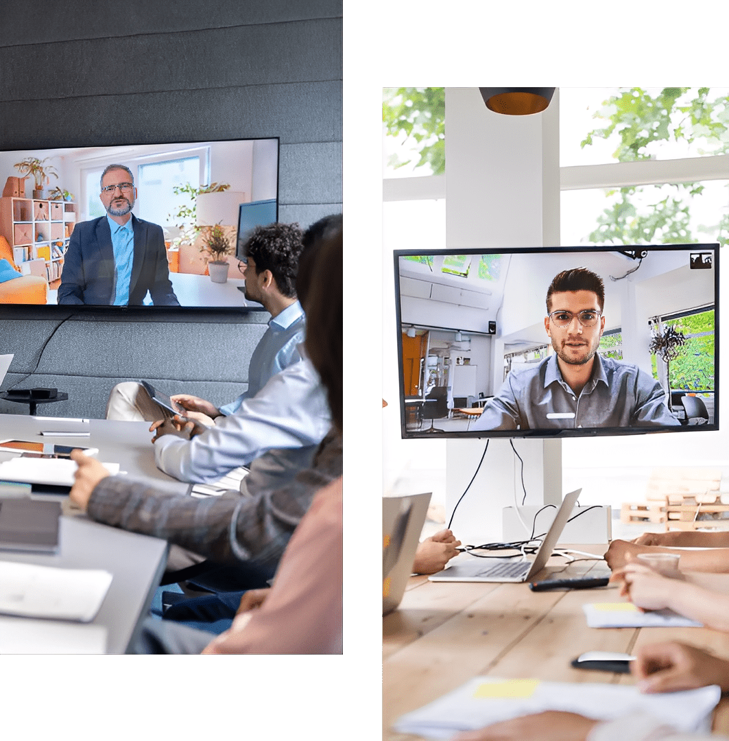 People engaged in a video conference meeting in a modern office.