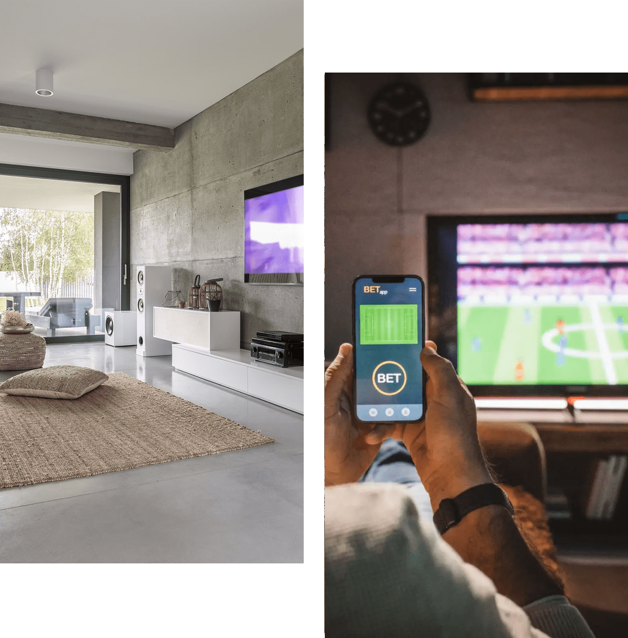 Modern living room with a large TV and a person using a phone.