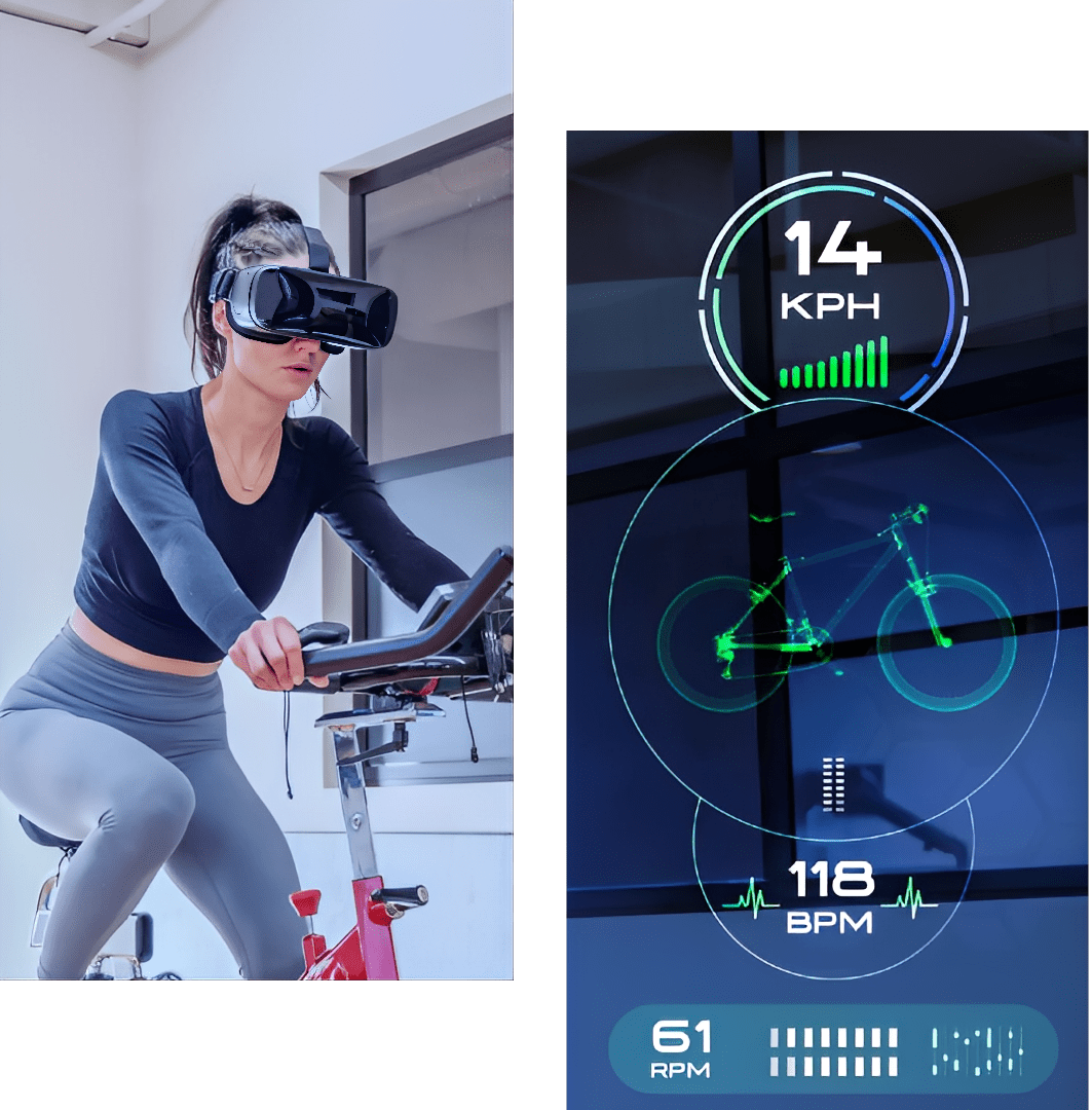 Woman exercising on a stationary bike with a VR headset and performance metrics display.