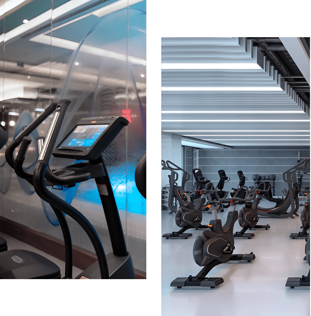 Modern gym with cardio machines and weightlifting area.