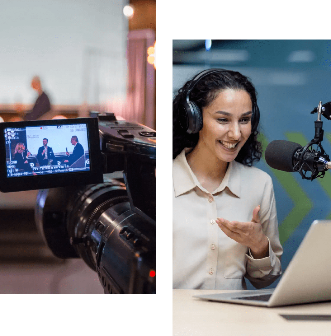 Two women engaged in video recordings, one on camera, one hosting a podcast.