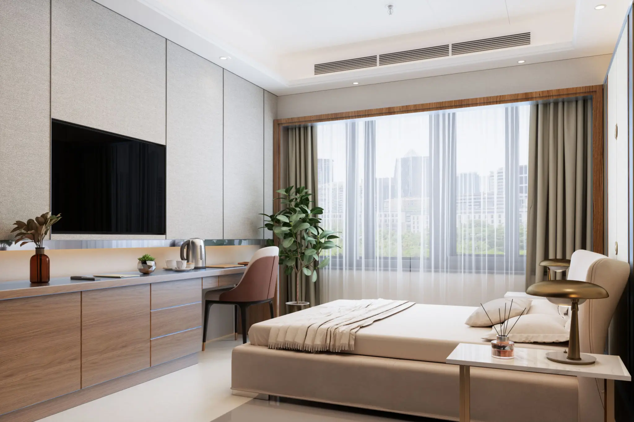Modern bedroom with a large window and minimalistic furniture.