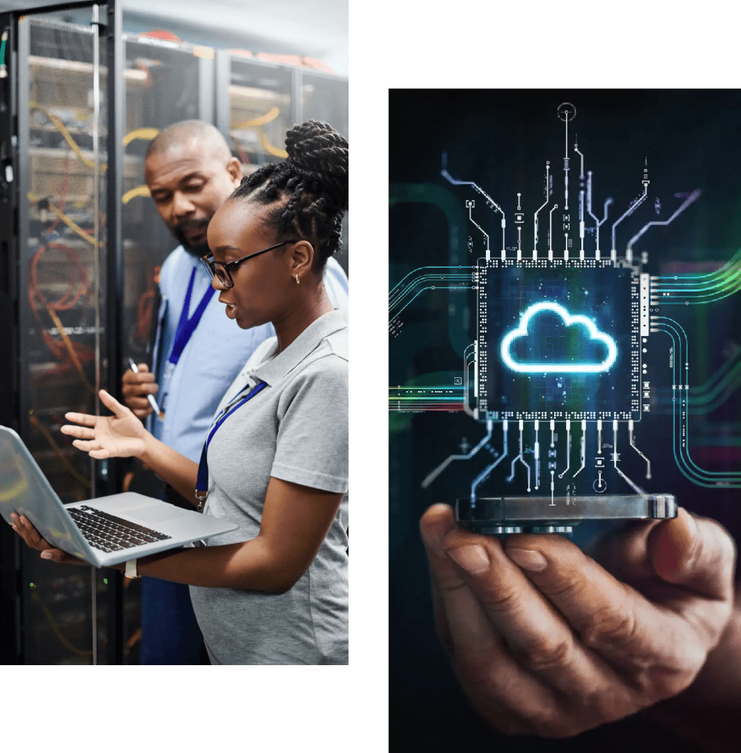 Two professionals discuss data inside a server room.