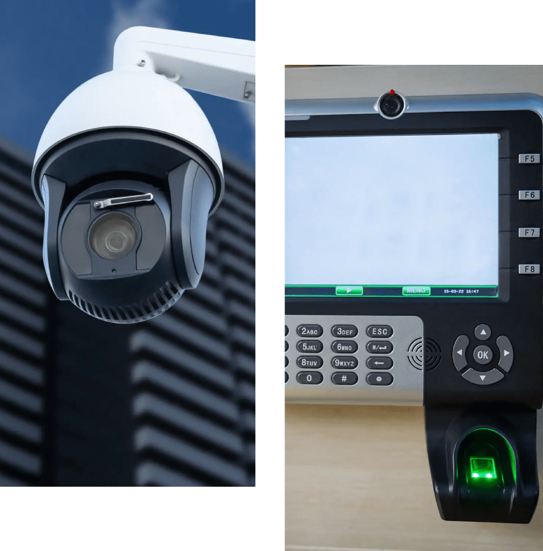 Security camera and biometric fingerprint scanner with keypad.