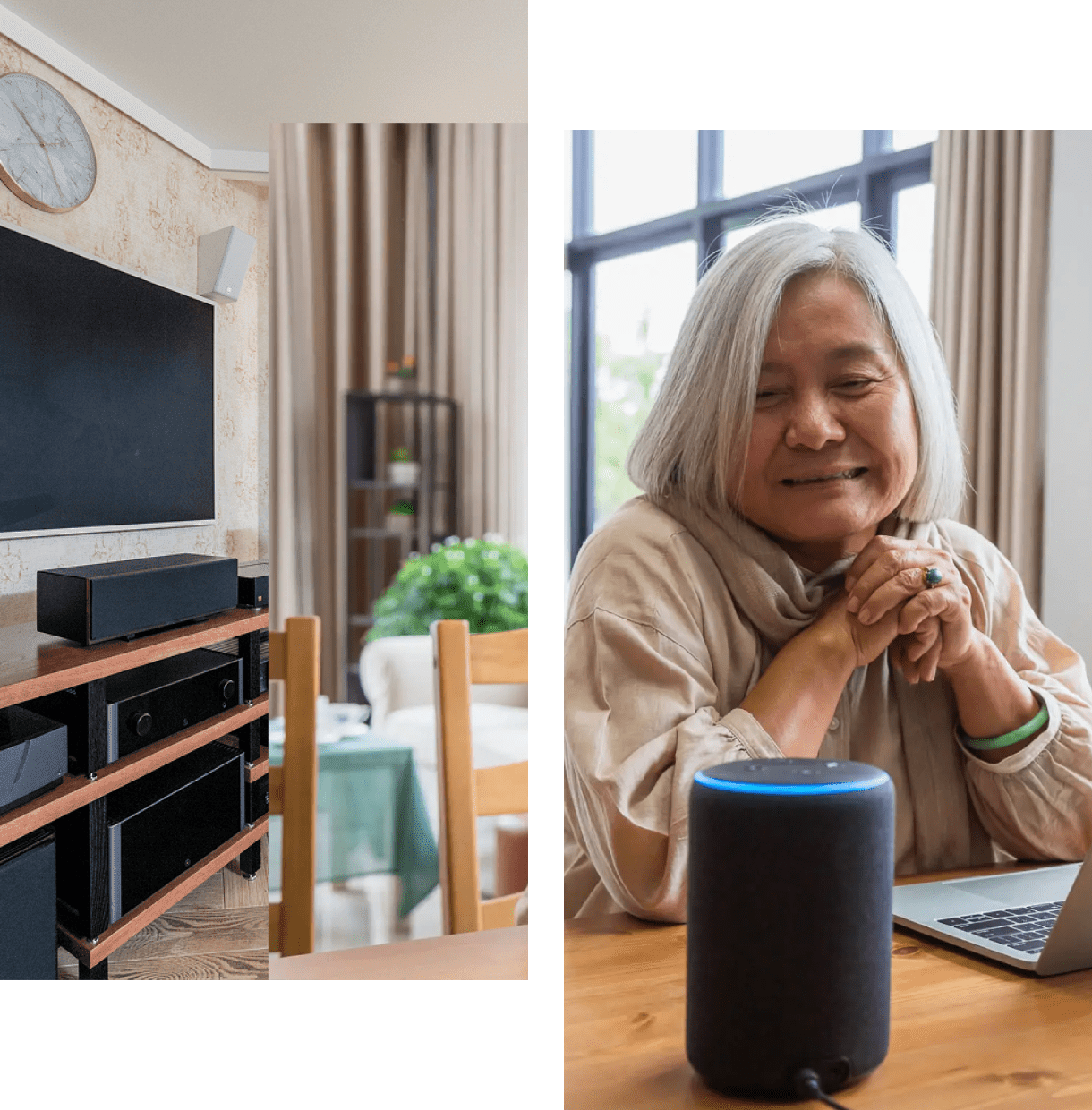 Elderly woman using smart speaker at home, smiling and engaged.