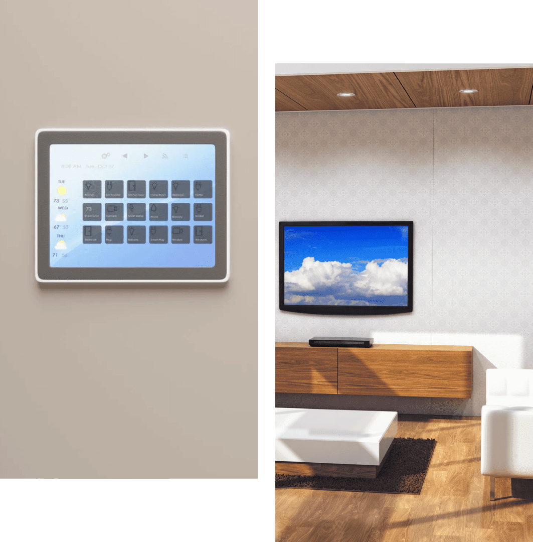 Modern room with a wall-mounted tablet and a TV above a wooden console.
