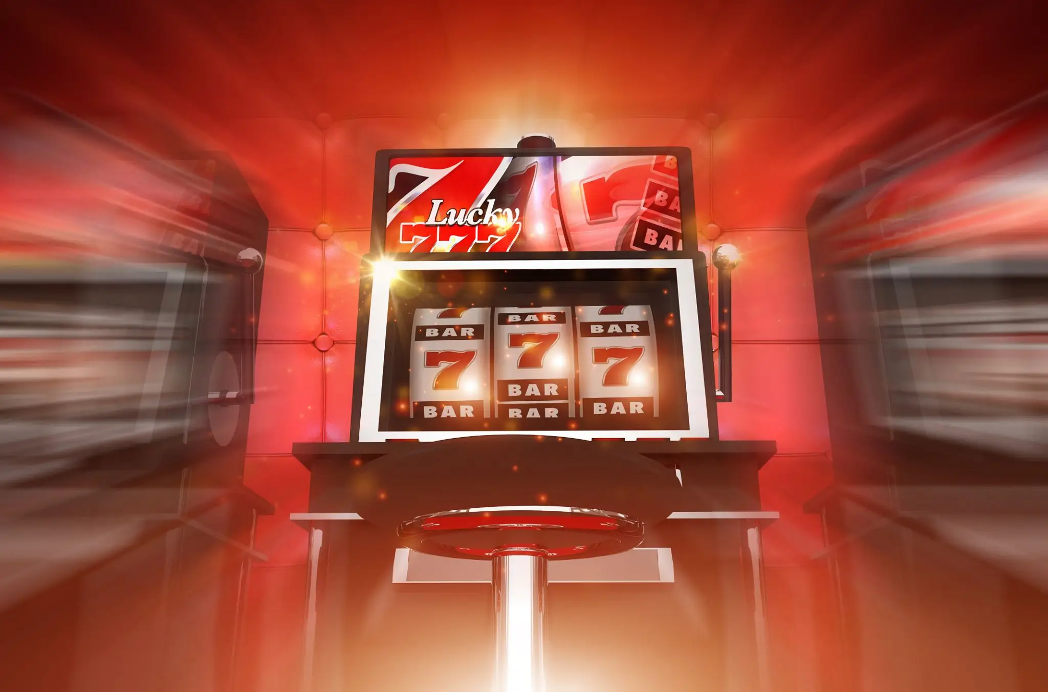 A glowing slot machine showing a winning triple seven combination.
