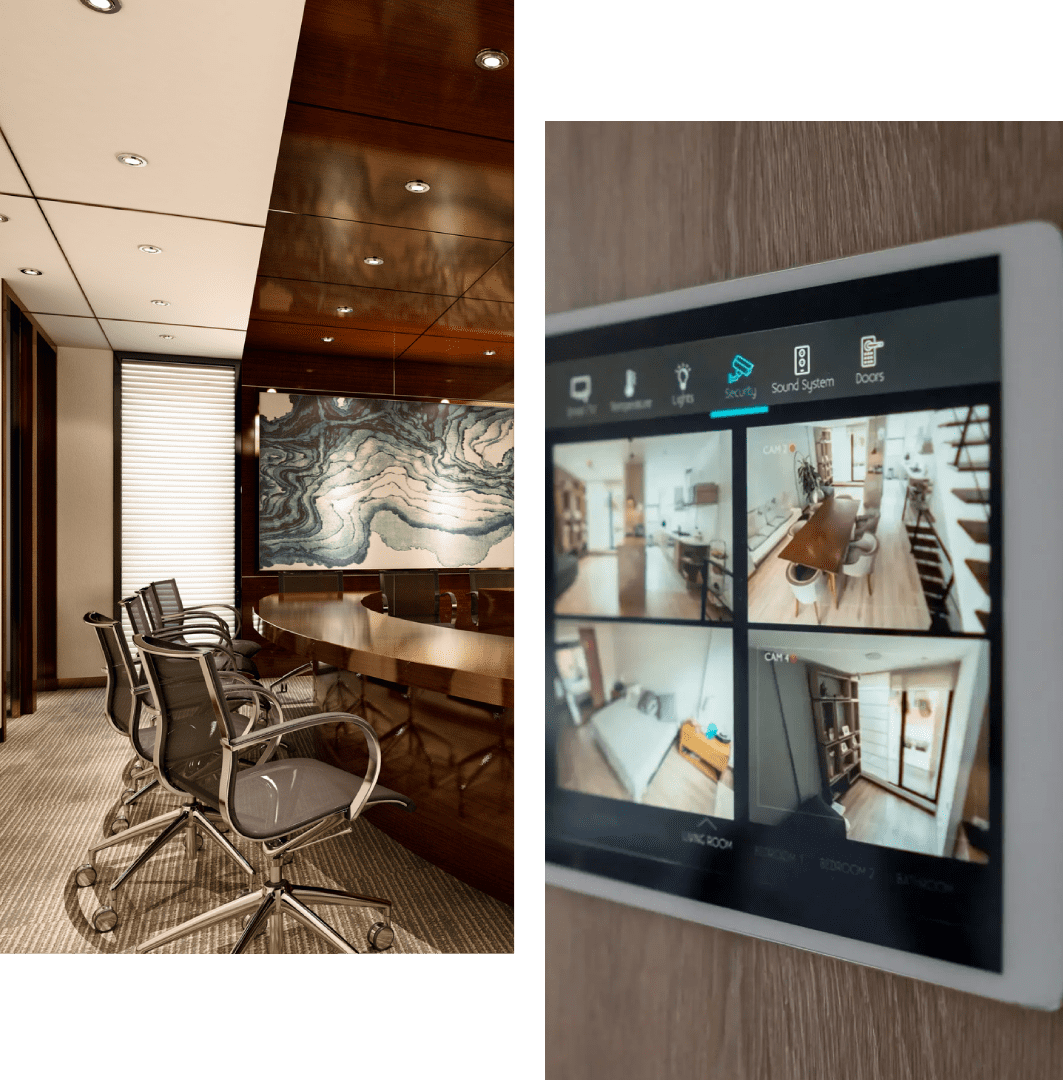 Modern office with glass walls and ergonomic chairs.