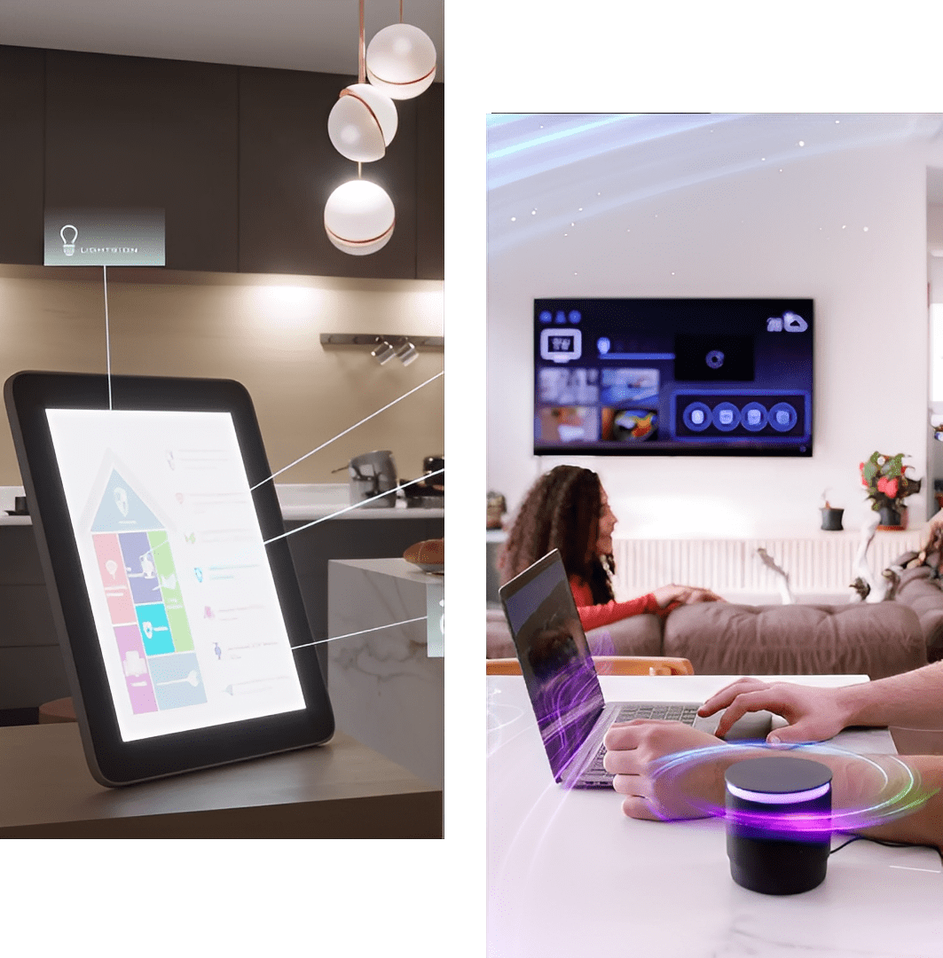 Woman using a tablet to control smart home lighting.