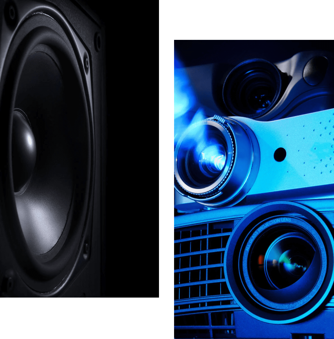 Close-up of a speaker cone and vintage car headlights with a blue tint.