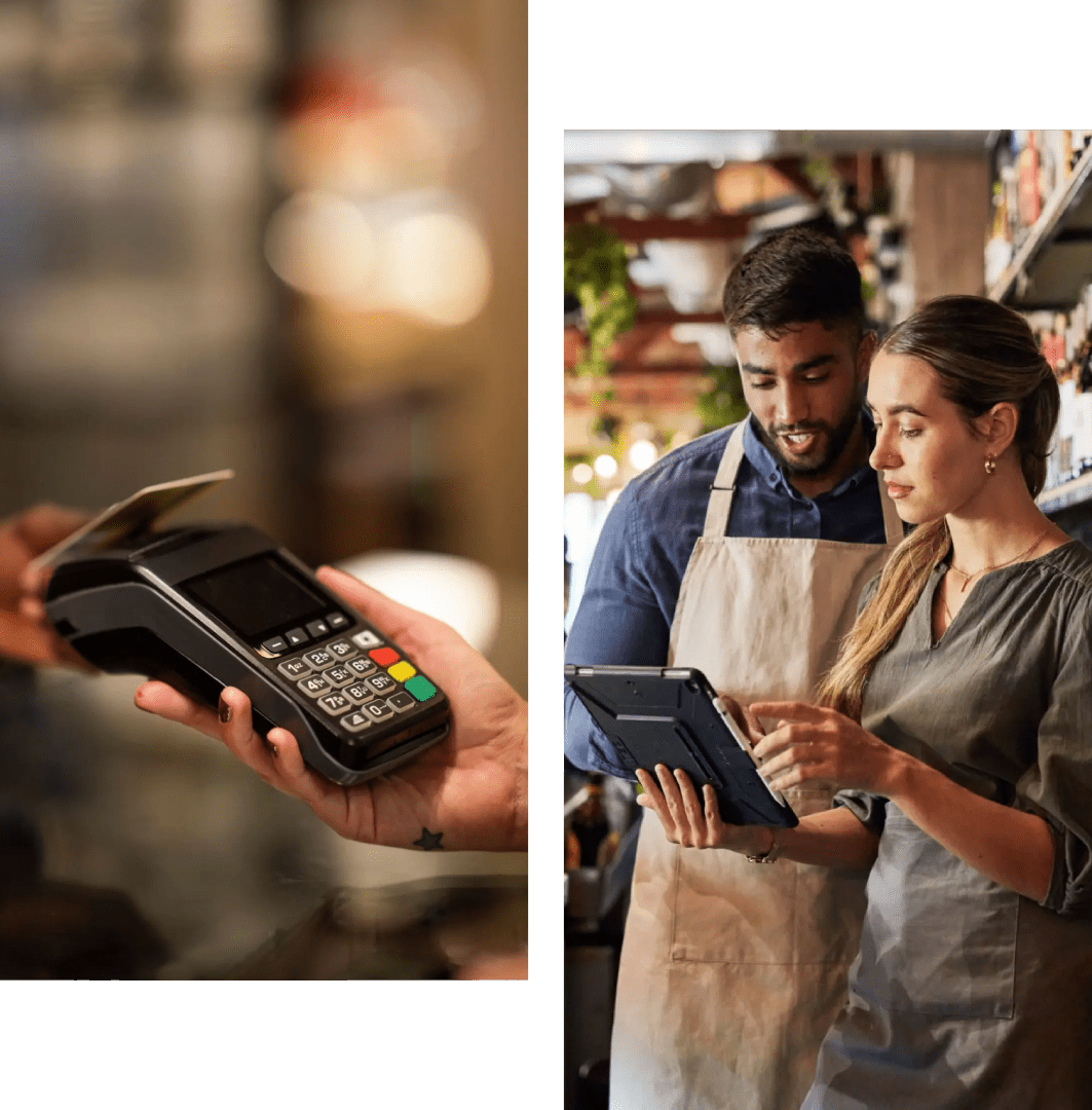 A customer pays with a card using a payment terminal.