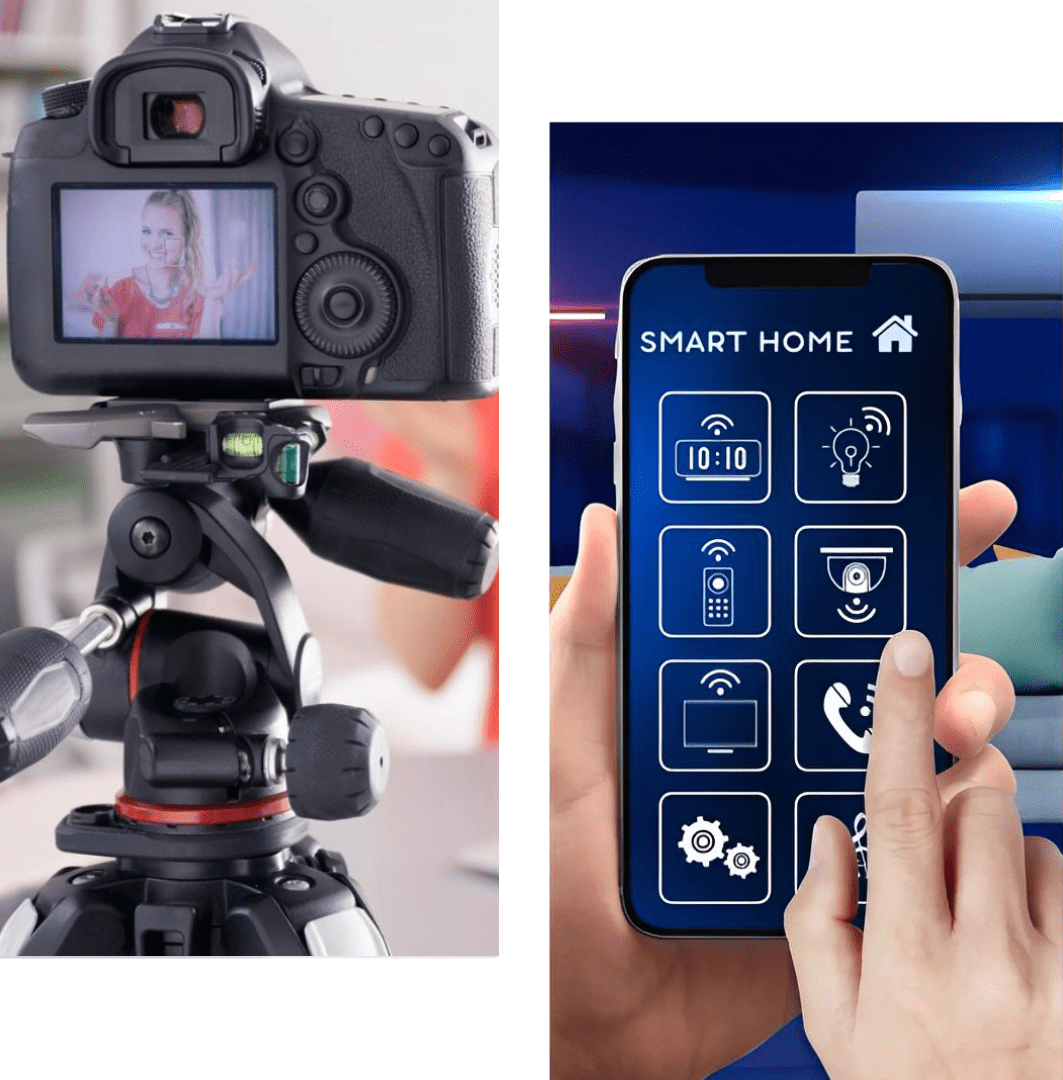 Camera screen showing a hand holding a smartphone with smart home controls.