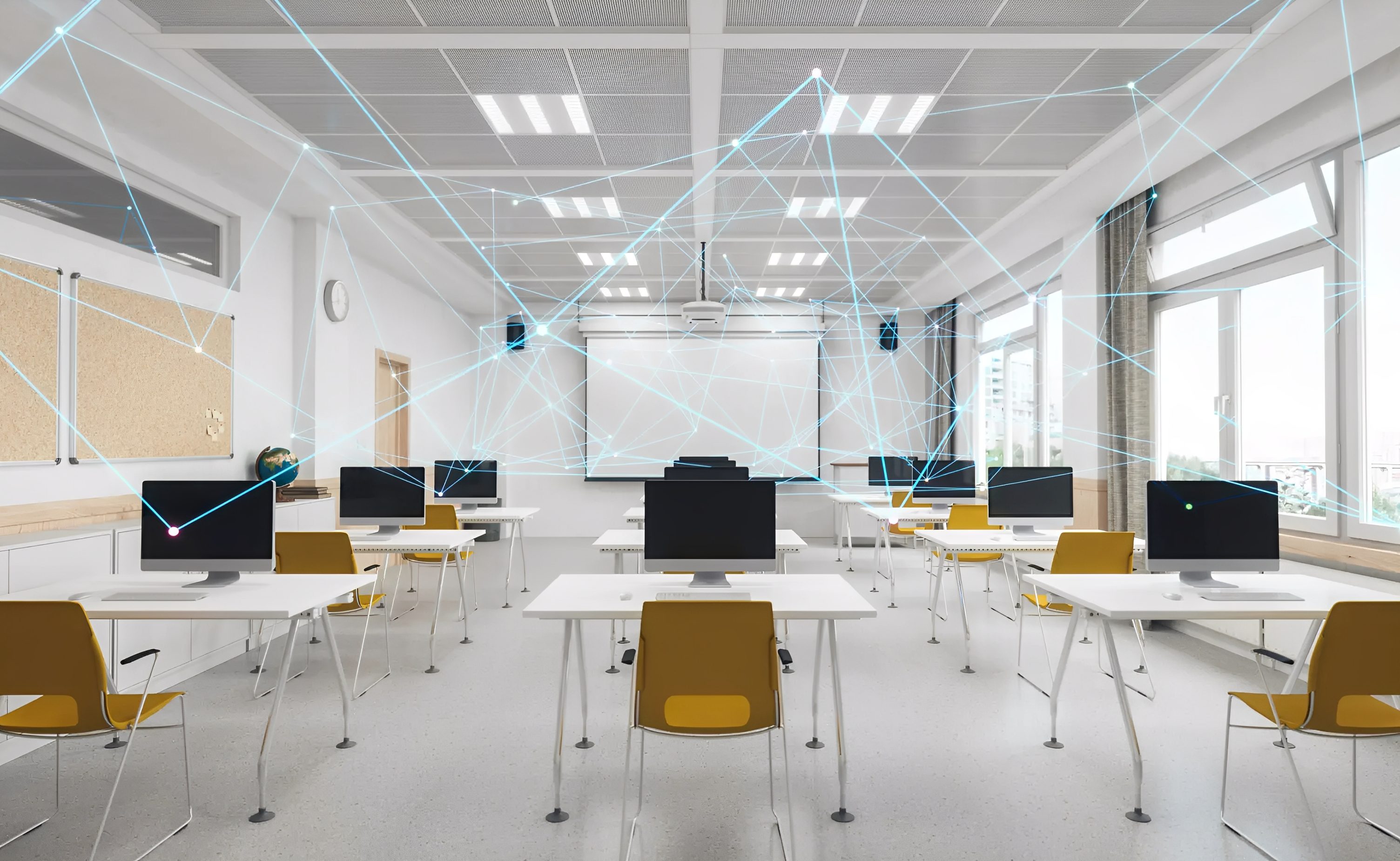 Modern classroom with white desks and yellow chairs arranged neatly.